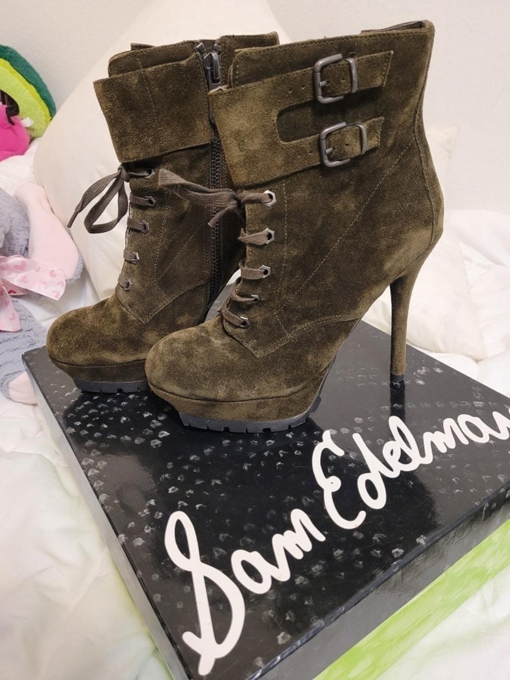 Sam Edelman Olive Green Suede Leather Lace-Up Platform Ankle Booties Size 7M